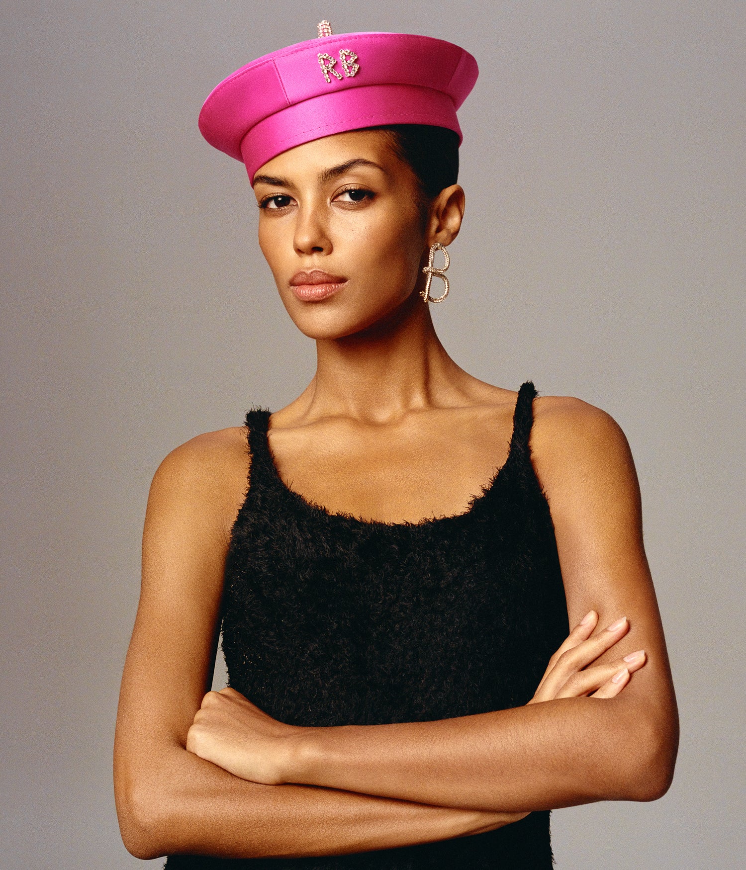 Crystal-Embellished Pink Satin Beret • Ruslan Baginskiy Hats