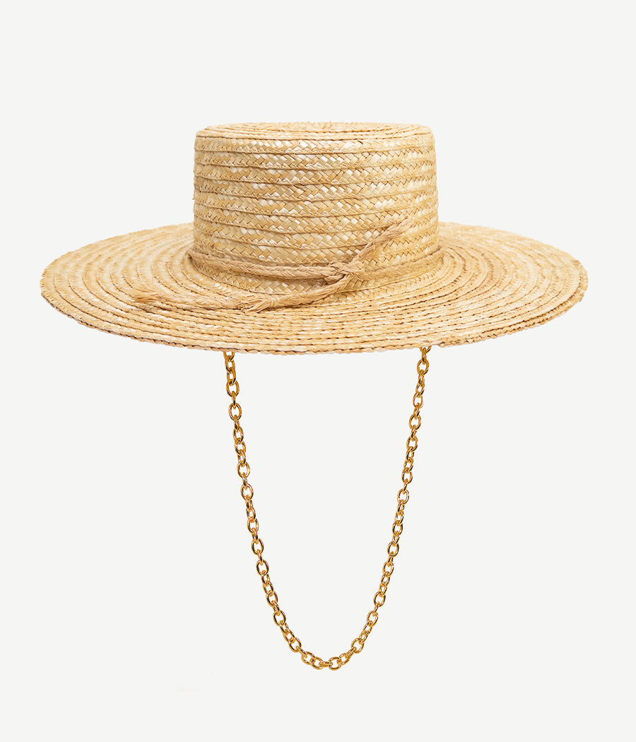 Monogram-embellished Chain Strap Straw Boater Hat Monogram-embellished Chain Strap Straw Boater Hat