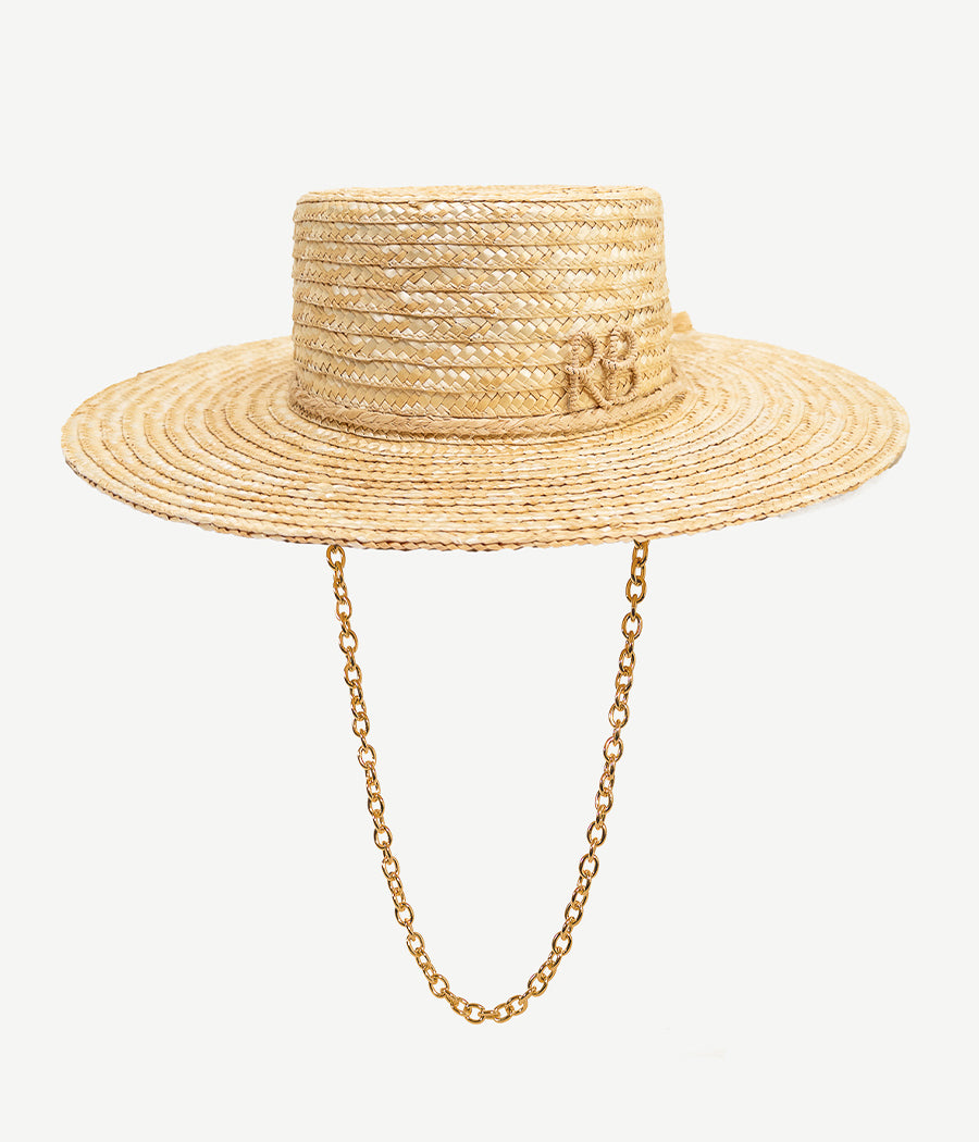 Monogram-embellished Chain Strap Straw Boater Hat Monogram-embellished Chain Strap Straw Boater Hat