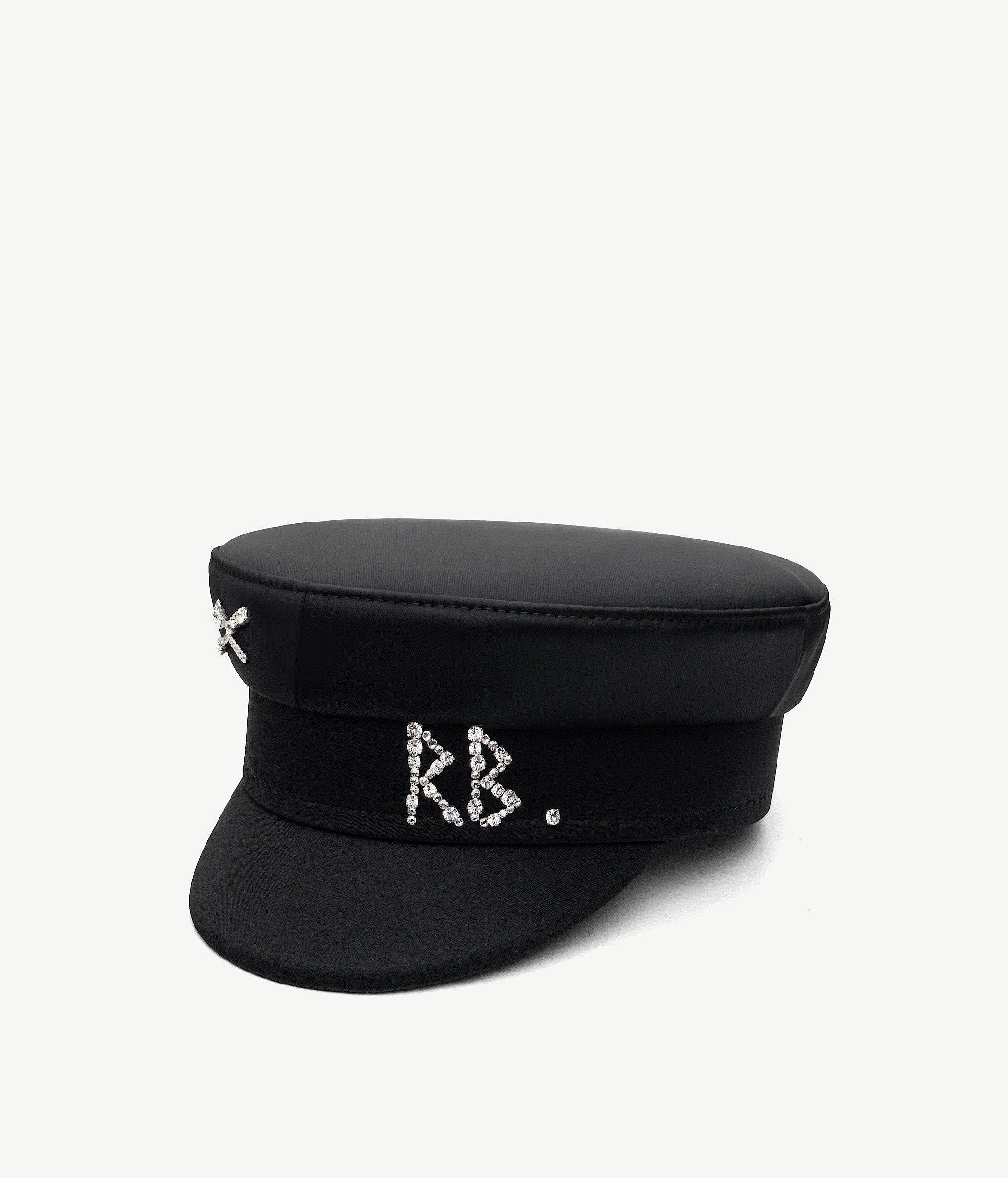 Crystal-embellished Black Satin Baker Boy Cap • Ruslan Baginskiy