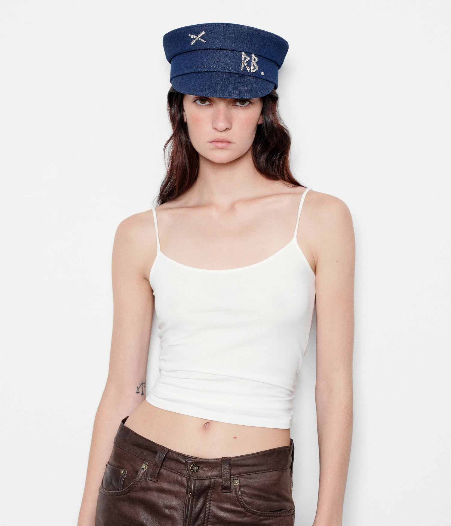 Crystal-Embellished Denim Baker Boy Cap Crystal-Embellished Denim Baker Boy Cap