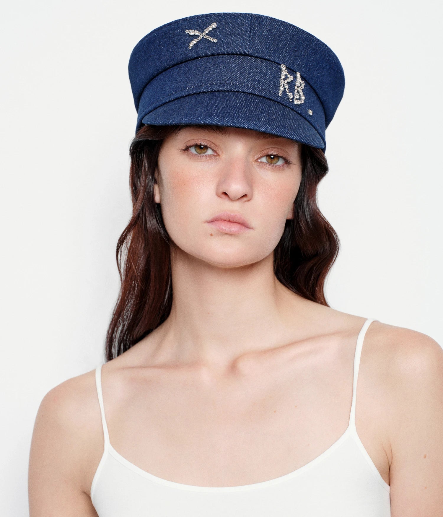 Crystal-Embellished Denim Baker Boy Cap Crystal-Embellished Denim Baker Boy Cap