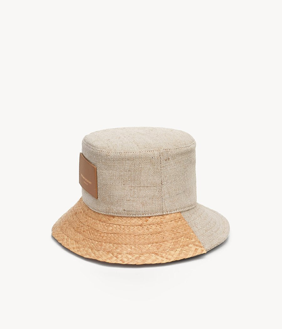Straw-brimmed cotton bucket hat