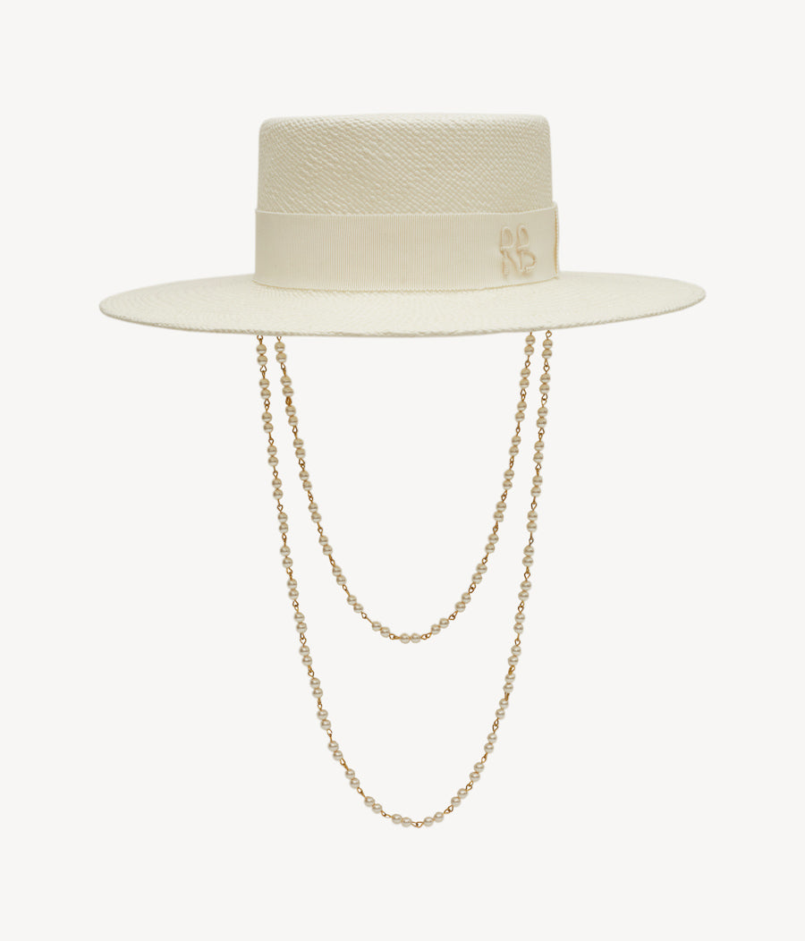 Double Chain Strap Boater Hat CNT035-STR-PRL-2CHA-WRB-XS Ruslan Baginskiy