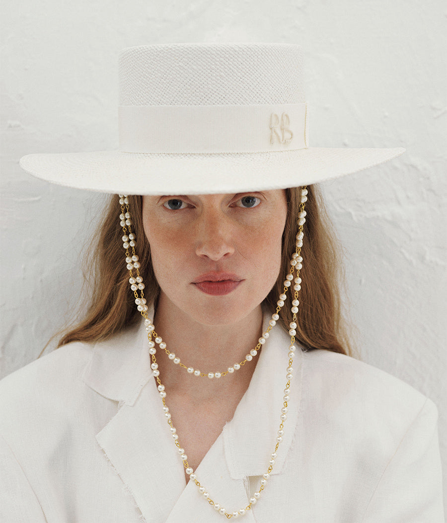 Double Chain Strap Boater Hat CNT035-STR-PRL-2CHA-WRB-XS Ruslan Baginskiy Double Chain Strap Boater Hat CNT035-STR-PRL-2CHA-WRB-XS Ruslan Baginskiy