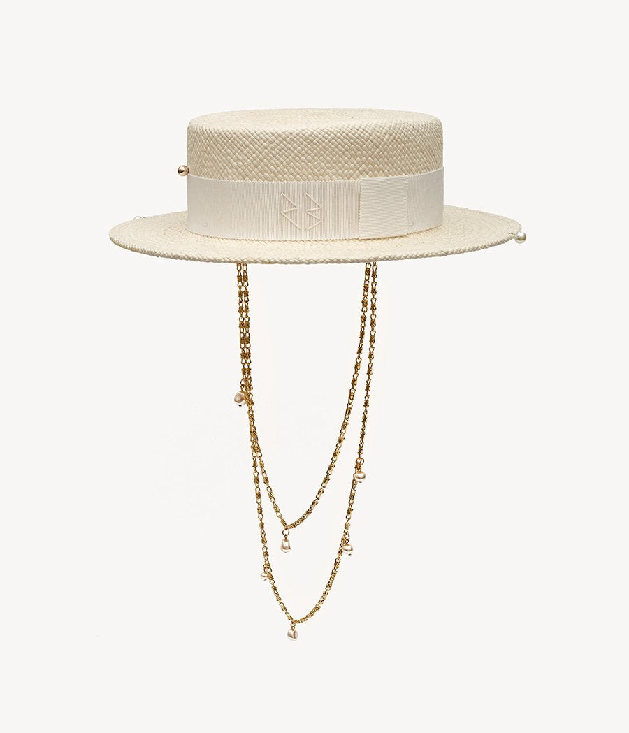 Double Chain Strap Straw Boater Hat CNT035-STR-PRS-2CHA-XS Ruslan Baginskiy Double Chain Strap Straw Boater Hat CNT035-STR-PRS-2CHA-XS Ruslan Baginskiy