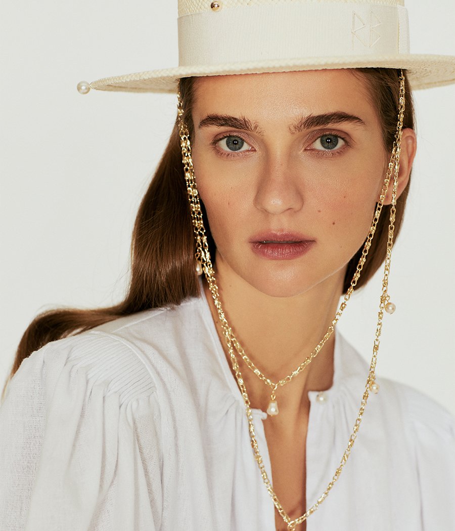 Double Chain Strap Straw Boater Hat CNT035-STR-PRS-2CHA-XS Ruslan Baginskiy Double Chain Strap Straw Boater Hat CNT035-STR-PRS-2CHA-XS Ruslan Baginskiy