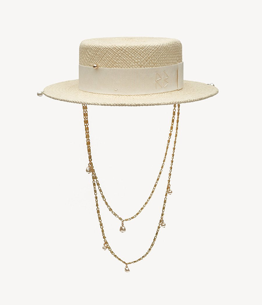 Double Chain Strap Straw Boater Hat CNT035-STR-PRS-2CHA-XS Ruslan Baginskiy Double Chain Strap Straw Boater Hat CNT035-STR-PRS-2CHA-XS Ruslan Baginskiy