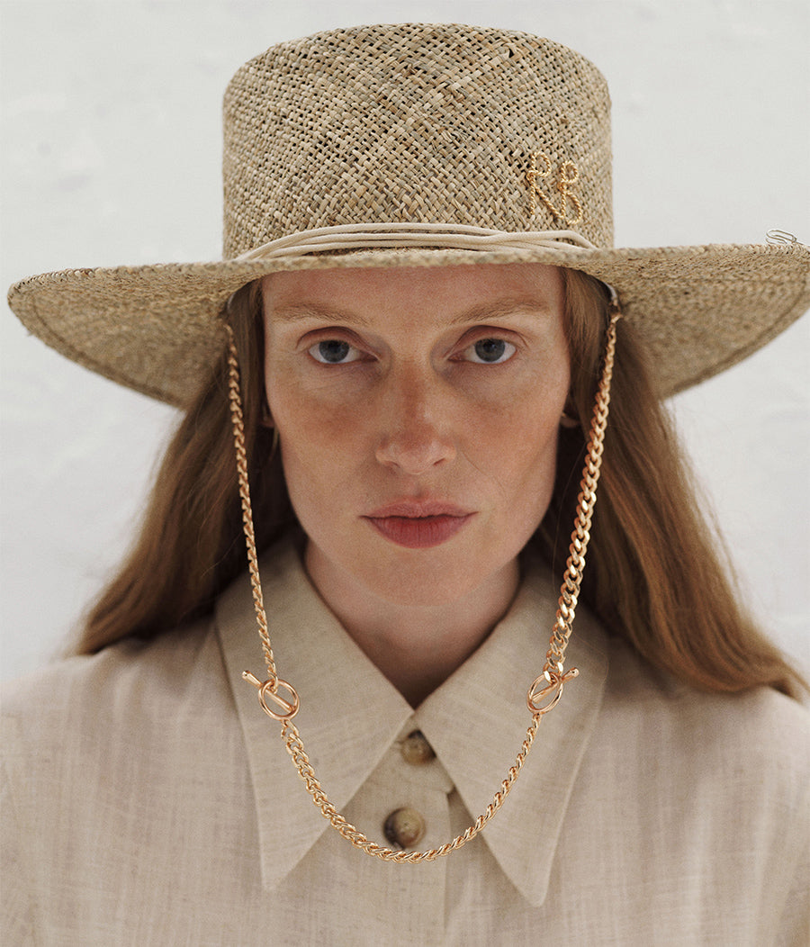 Monogram-embellished Chain Strap Boater Hat CNT036-STR-CHA-MRB-XS Ruslan Baginskiy Monogram-embellished Chain Strap Boater Hat CNT036-STR-CHA-MRB-XS Ruslan Baginskiy