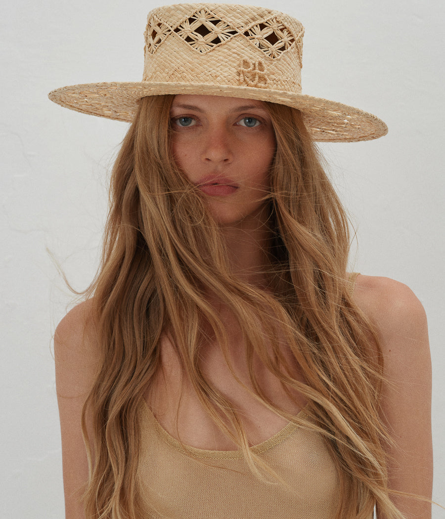 Monogram-embellished Boater Hat CNT036-STR-DRK-SRB-XS Ruslan Baginskiy Monogram-embellished Boater Hat CNT036-STR-DRK-SRB-XS Ruslan Baginskiy