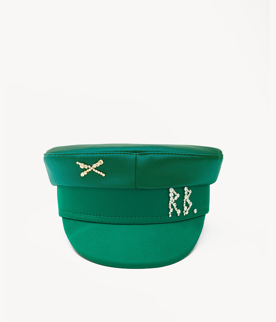 Crystal-embellished Green Satin Baker Boy Cap KPC007-STN-DMD-XXS Ruslan Baginskiy Crystal-embellished Green Satin Baker Boy Cap KPC007-STN-DMD-XXS Ruslan Baginskiy