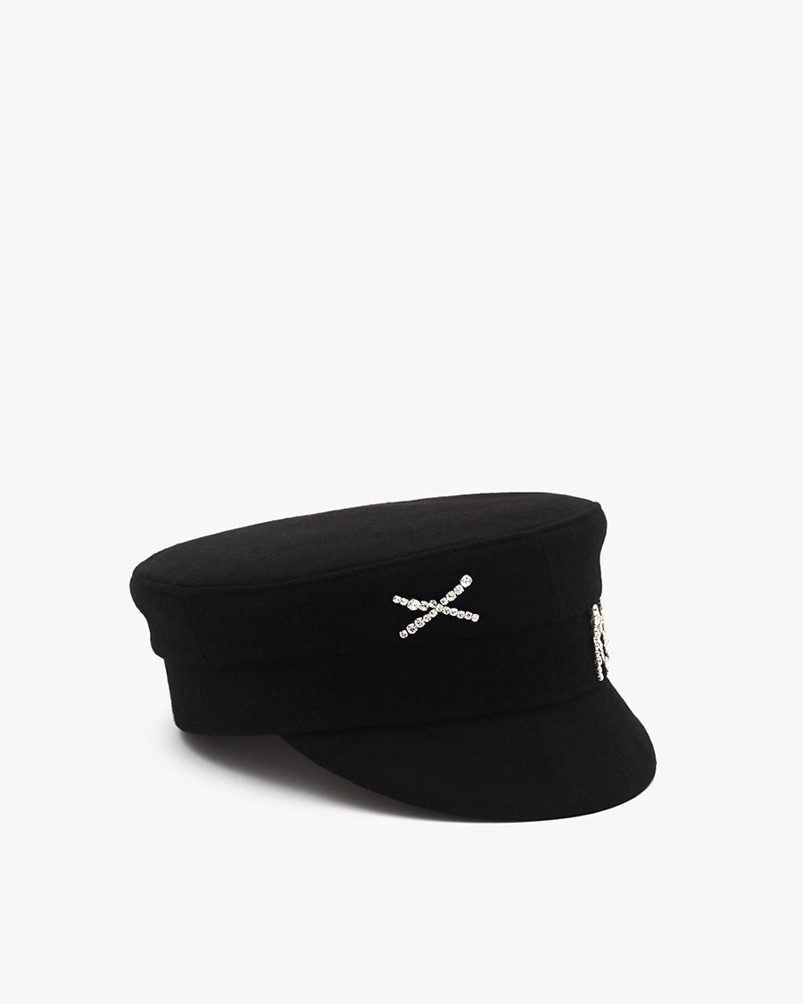 Crystal-embellished Black Wool Baker Boy Cap