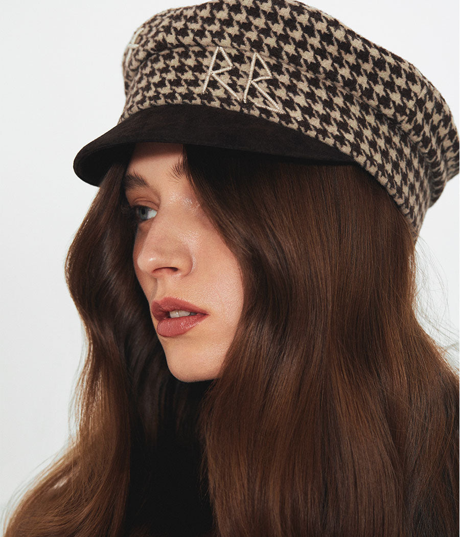 Houndstooth Baker Boy Cap with Suede Peak Ruslan Baginskiy Houndstooth Baker Boy Cap with Suede Peak Ruslan Baginskiy
