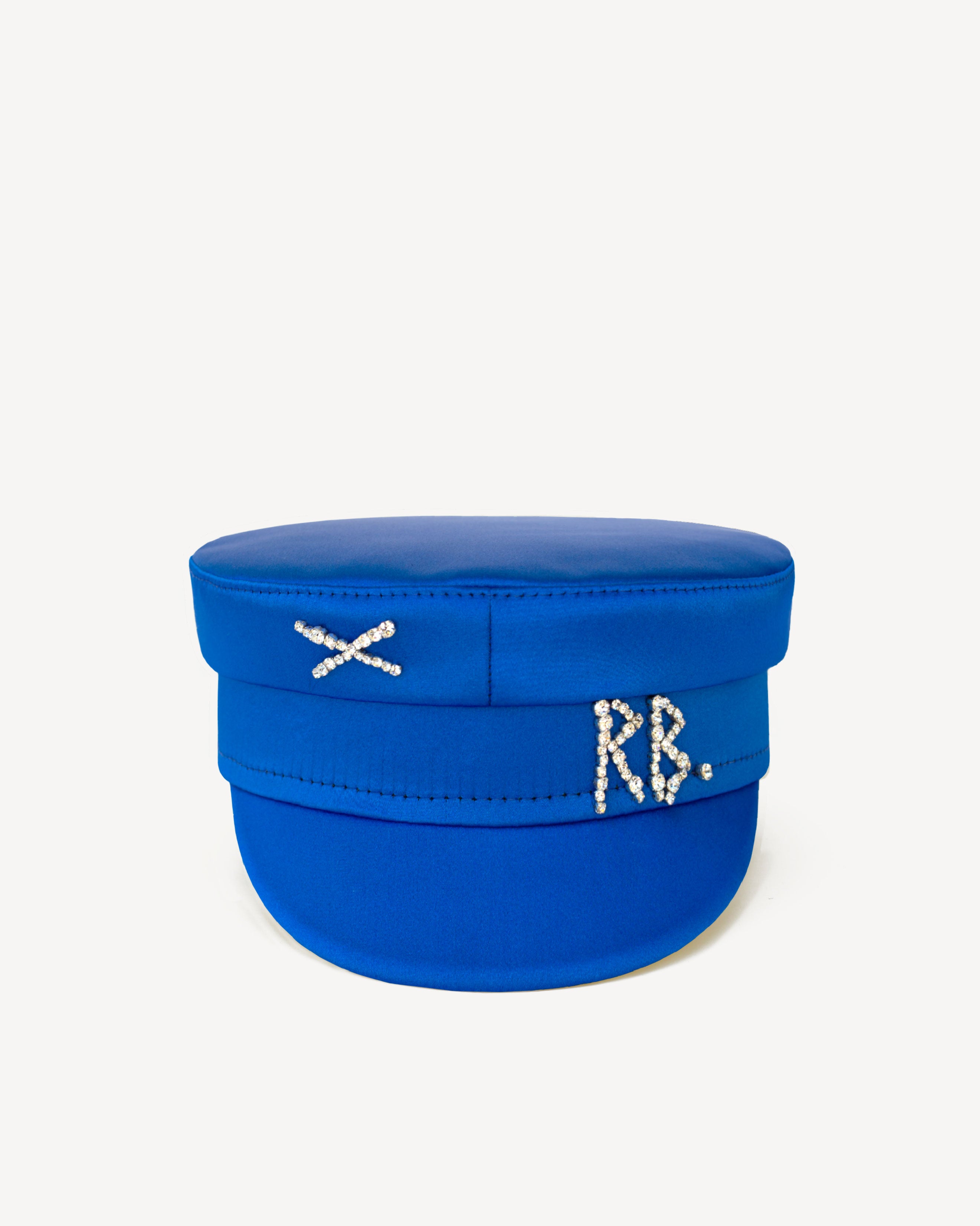 Crystal-embellished Blue Satin Baker Boy Cap Crystal-embellished Blue Satin Baker Boy Cap