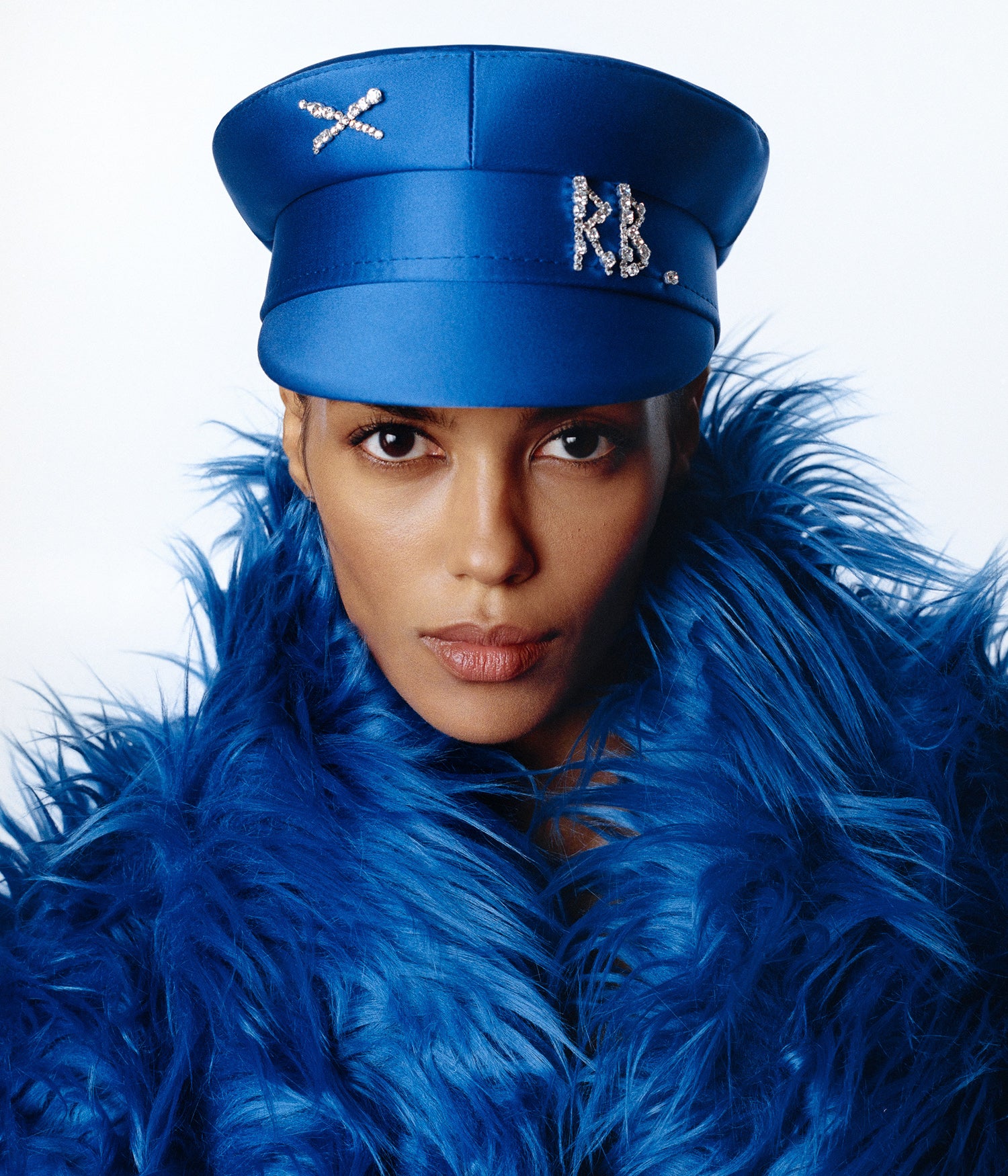 Crystal-embellished Blue Satin Baker Boy Cap