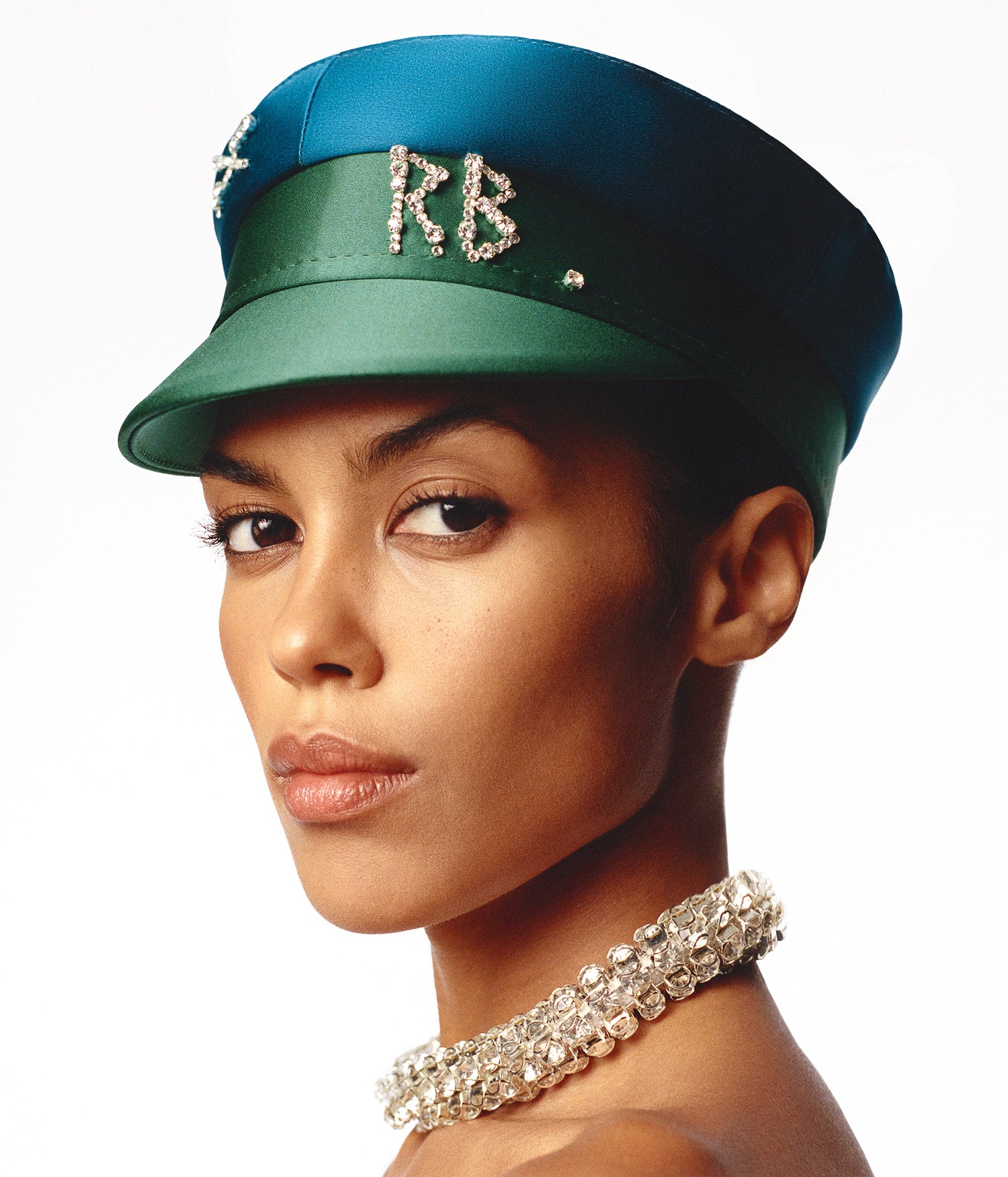 Crystal-embellished Green Satin Baker Boy Cap