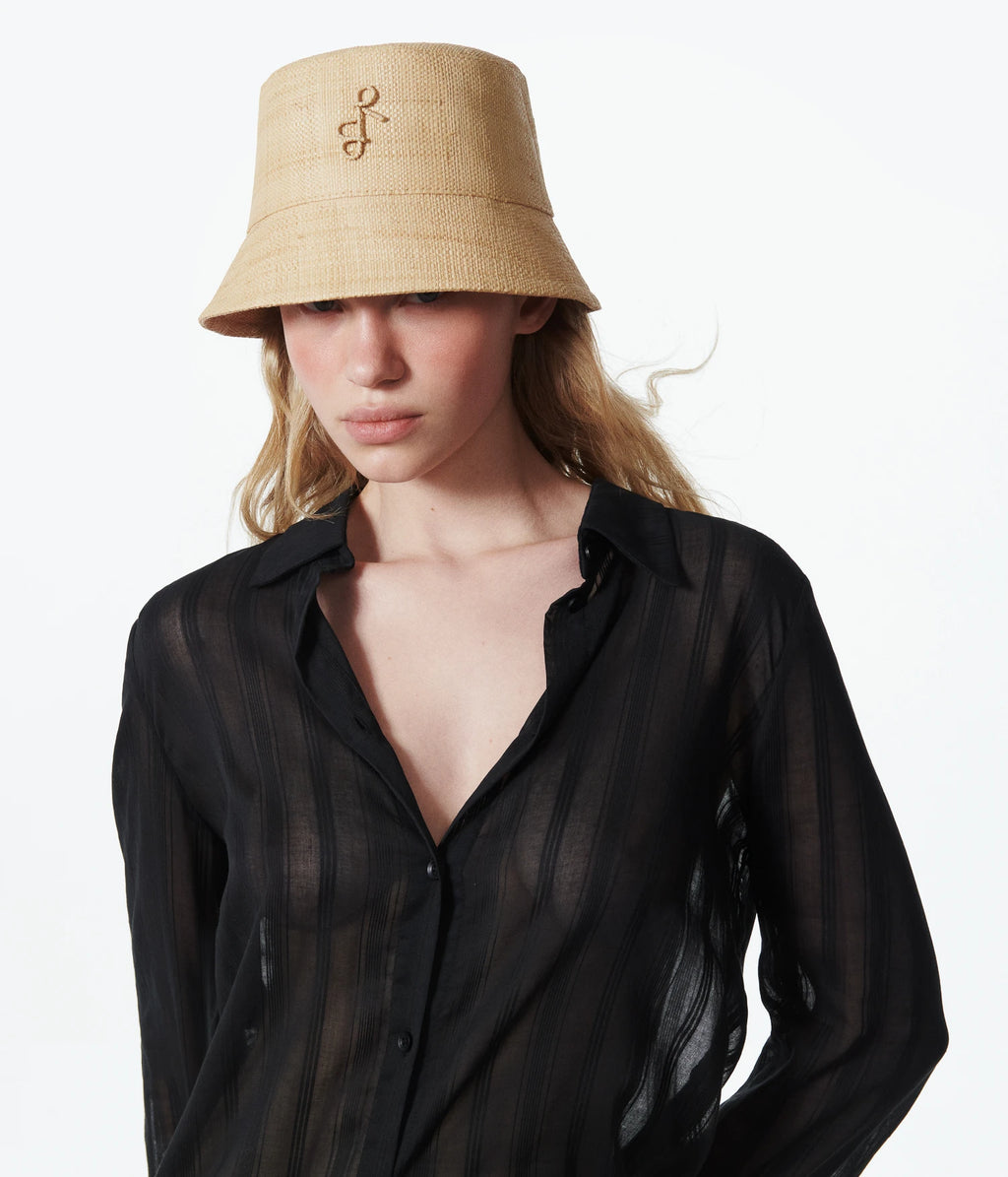 Monogram-embellished Straw Bucket Hat • Ruslan Baginskiy