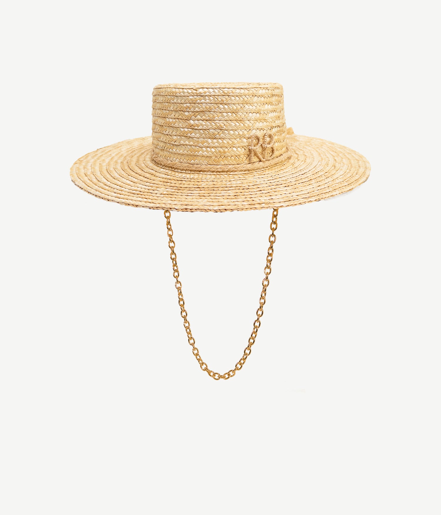 Monogramembellished Chain Strap Straw Boater Hat • Ruslan Baginskiy