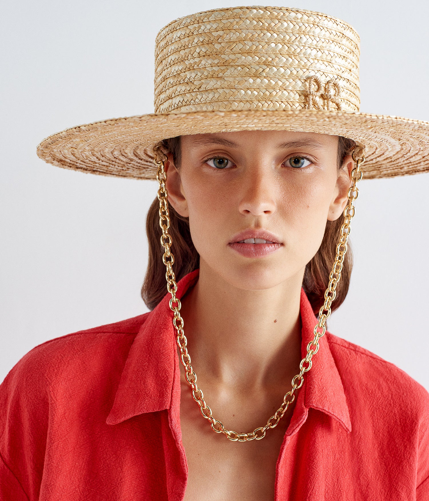 Monogramembellished Chain Strap Straw Boater Hat • Ruslan Baginskiy