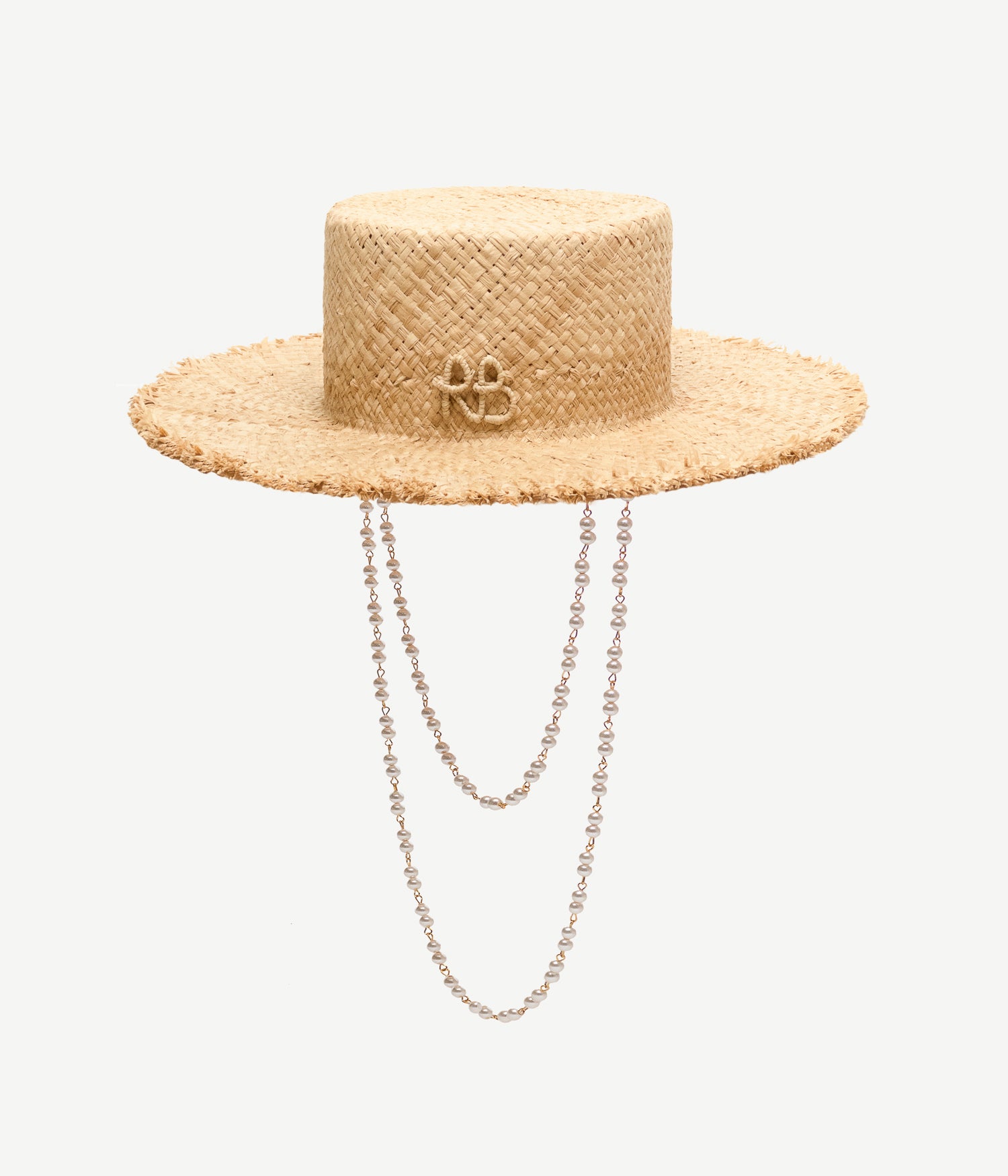 Pearl Chain Frayed-Brim Canotier Hat