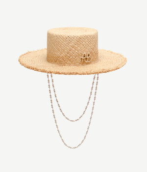 Pearl Chain Frayed-Brim Canotier Hat