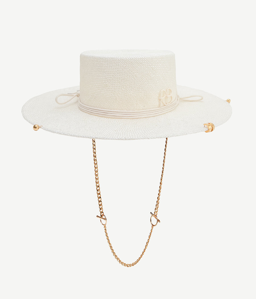 Photo, Canotier Hat, Chain Strap Sisal Canotier Hat