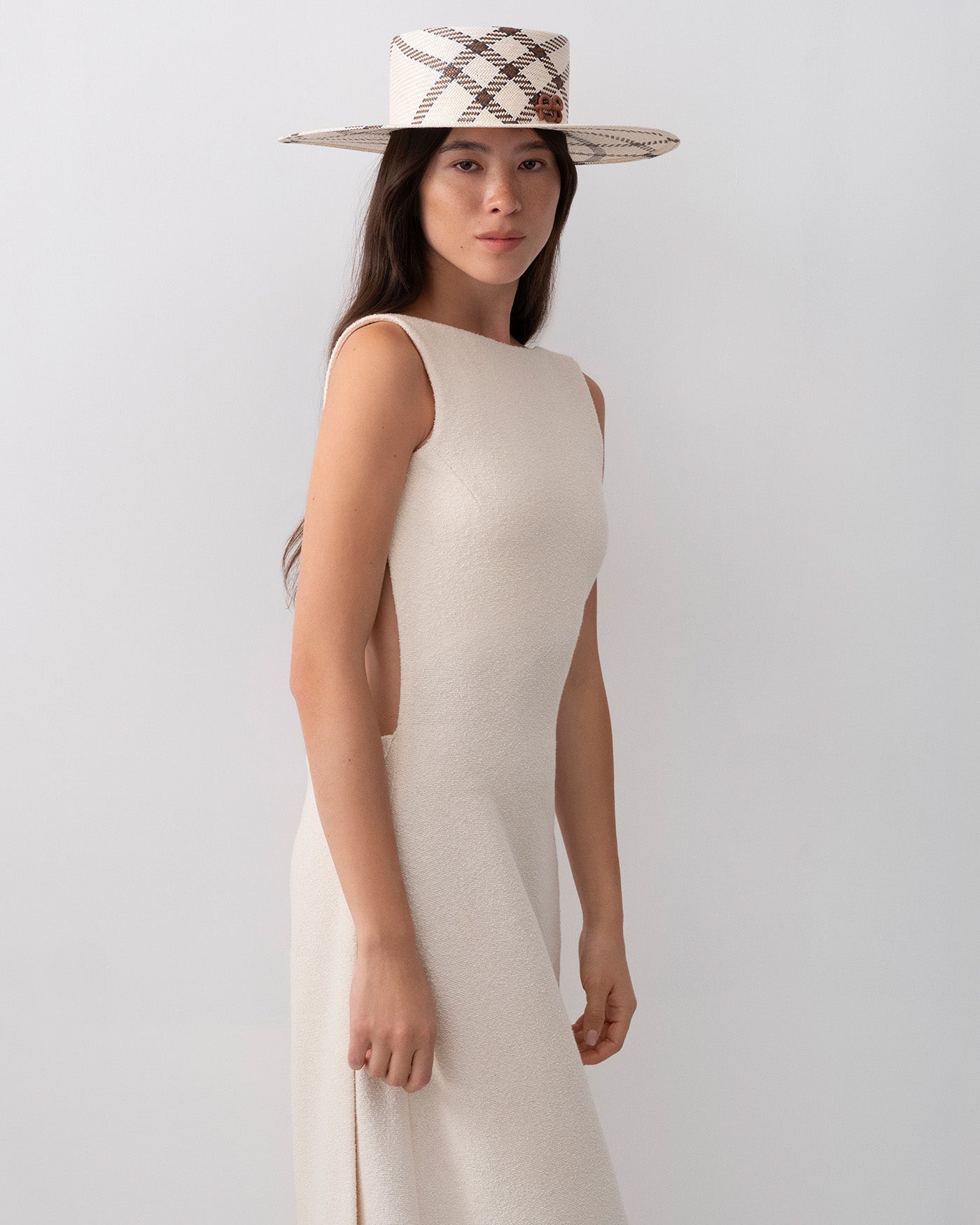 Diagonal-Stripe Straw Canotier Hat