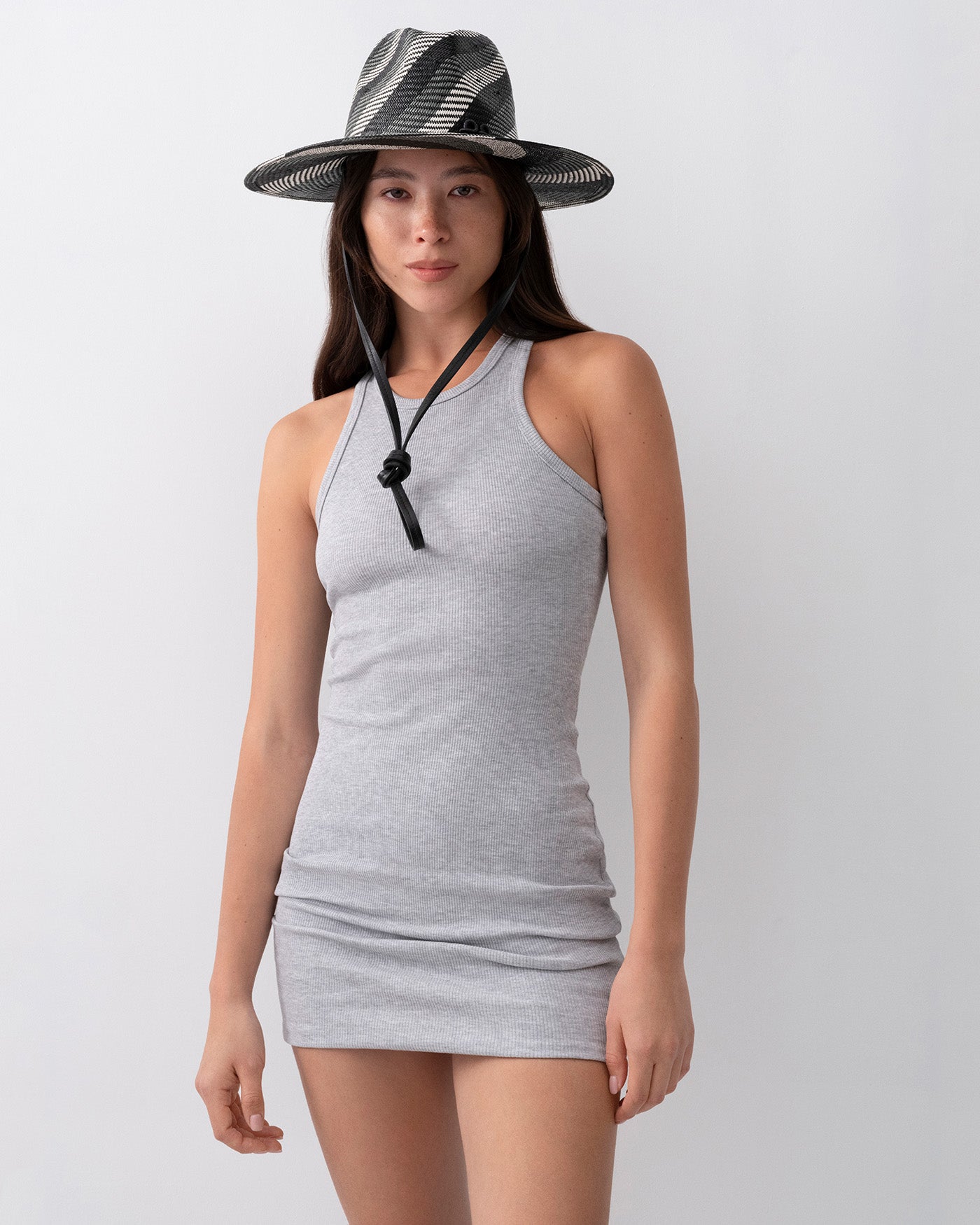 Diagonal-Stripe Straw Fedora Hat with Leather trim