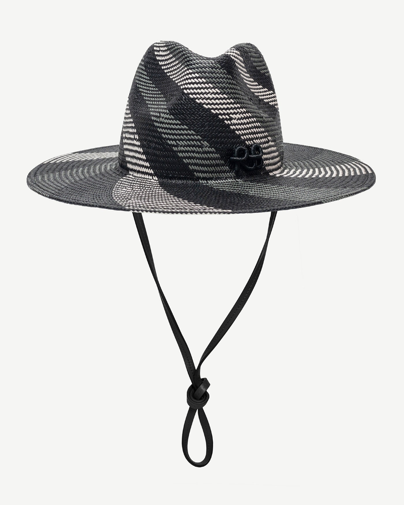 Diagonal-Stripe Straw Fedora Hat with Leather trim