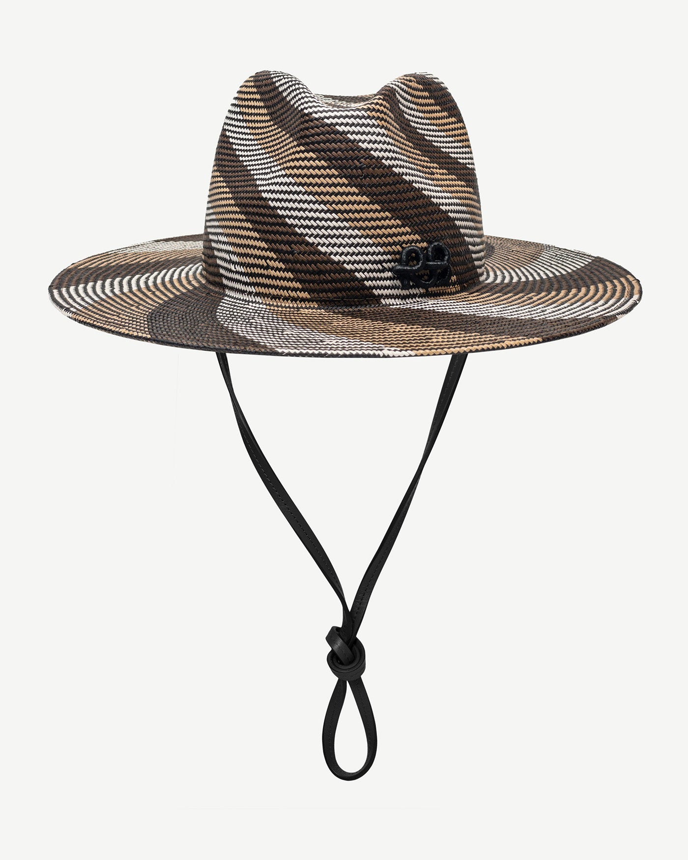 Fedora Hat, Diagonal-Stripe Straw Fedora Hat with Leather trim