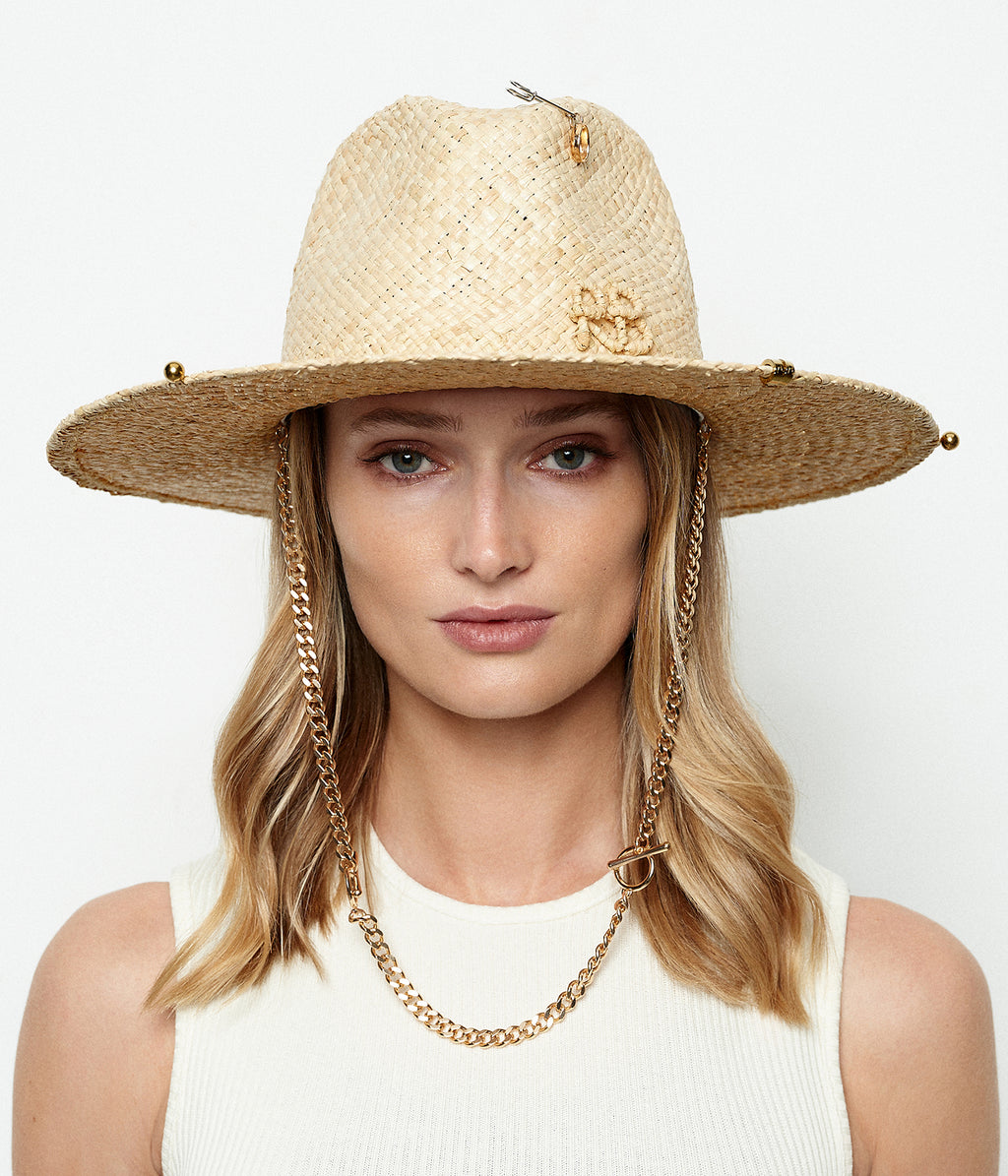 Paper Straw Fedora with Gold Chain Link Accent, Adjustable Chain Strap Fedora Hat • Ruslan Baginskiy Hats & Accessories  main image 2