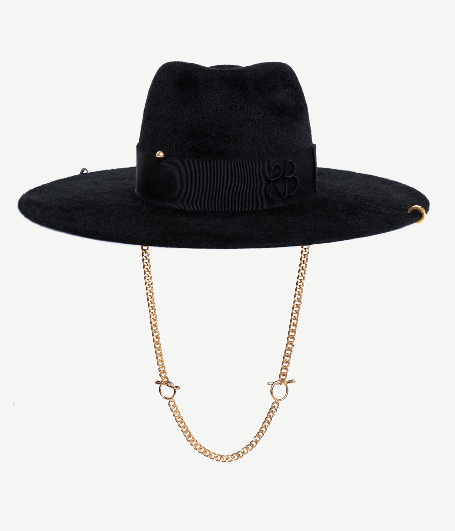 All Hat shapes, Step into a world of refined elegance with the Ruslan Baginskiy Fedora Hat. This hat showcases a tasteful array of embellishments including gold-tone pins, a delicate pearl, and a silver-tone safety pin with a seashell, all set against a sleek black felt canvas. The detachable elongated chain serves as a signature touch to this enthralling accessory. Every element is meticulously placed to draw the eye, ensuring a stylish statement with a hint of whimsy.