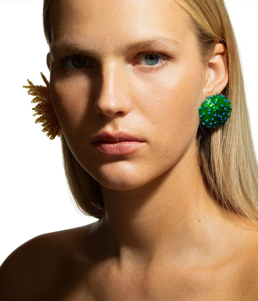 Photo, Ruslan Baginskiy Jewelry collection, SKARBY Green and Gold Beaded Earrings