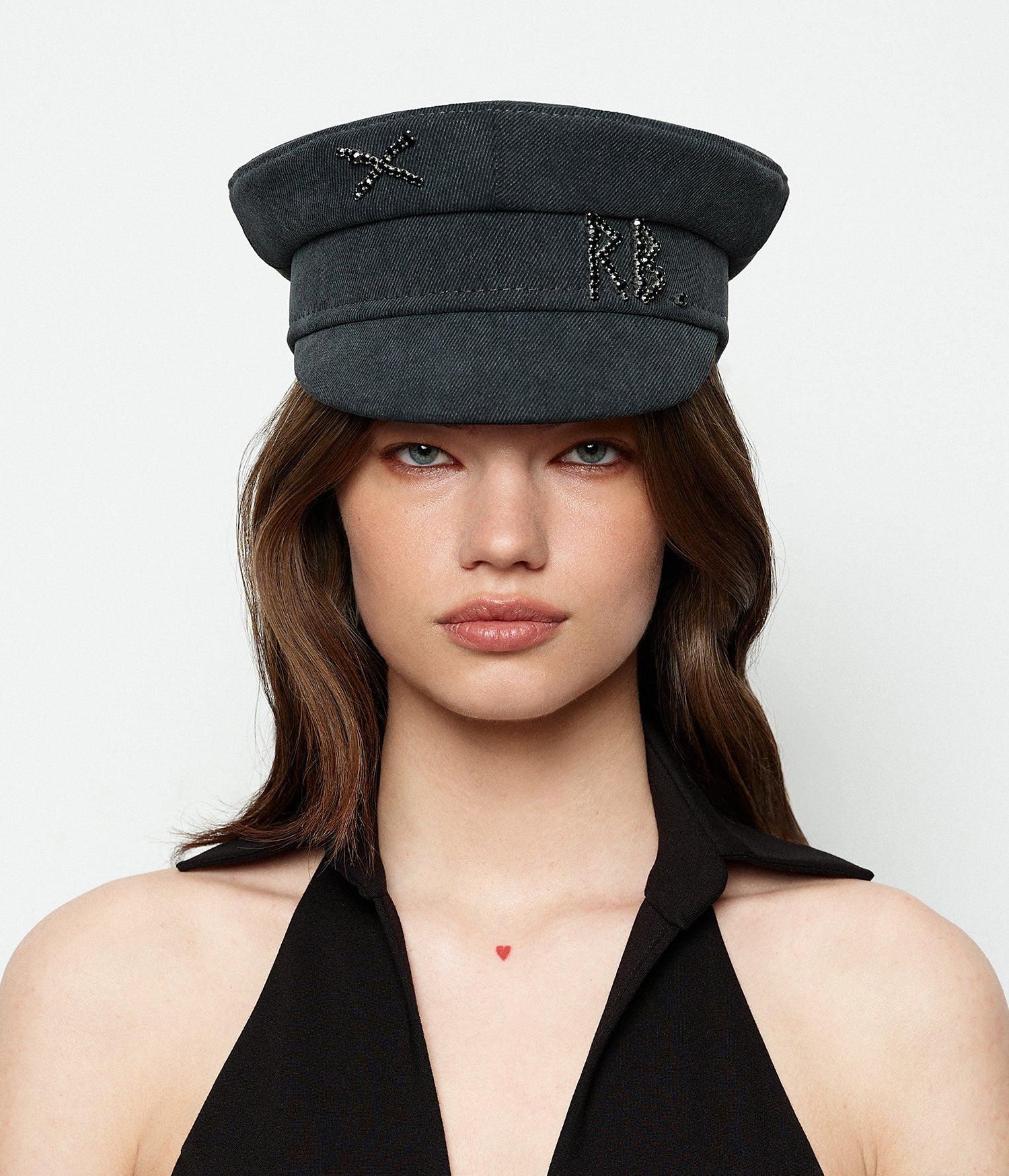 Crystal-embroidered Denim Baker Boy Cap