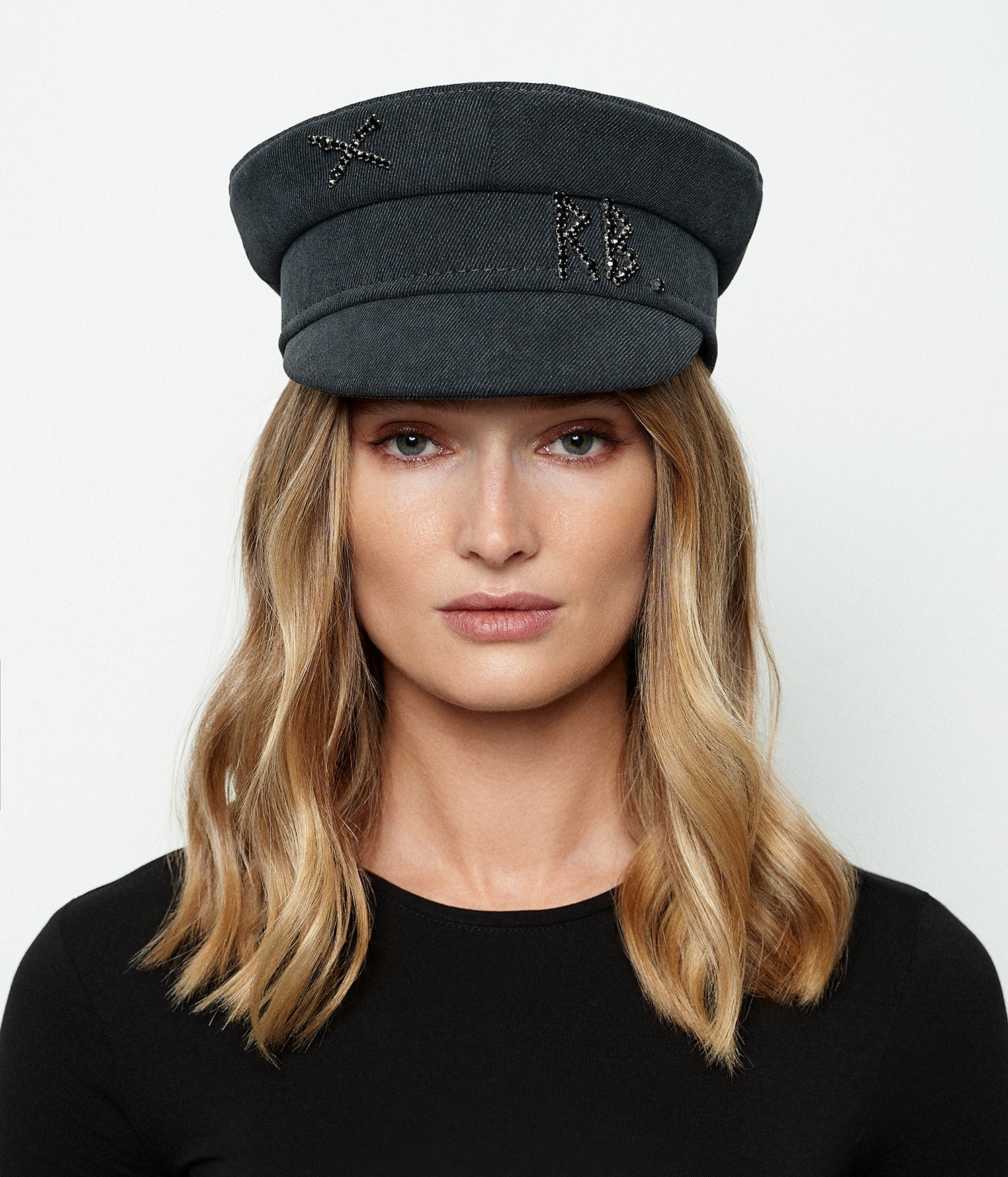 Crystal-embroidered Denim Baker Boy Cap