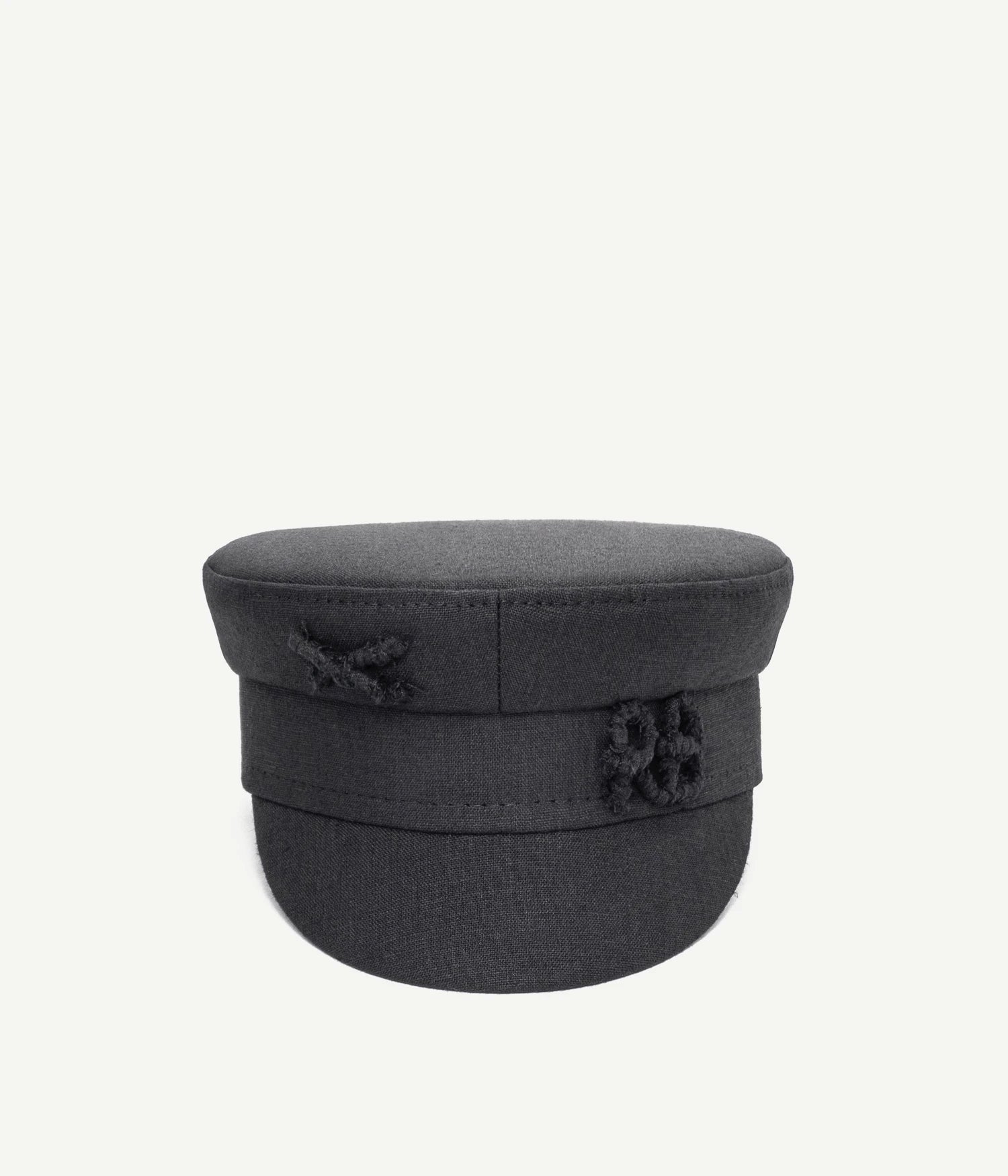 44_10, Ruslan Baginskiy Graphite Linen Baker Boy CapA signature shape of the brand. The headpiece with clean geometry is crafted from natural linen in graphite grey. Finished with a textured RB monogram and handcrafted cross.Handcrafted in Ukraine.