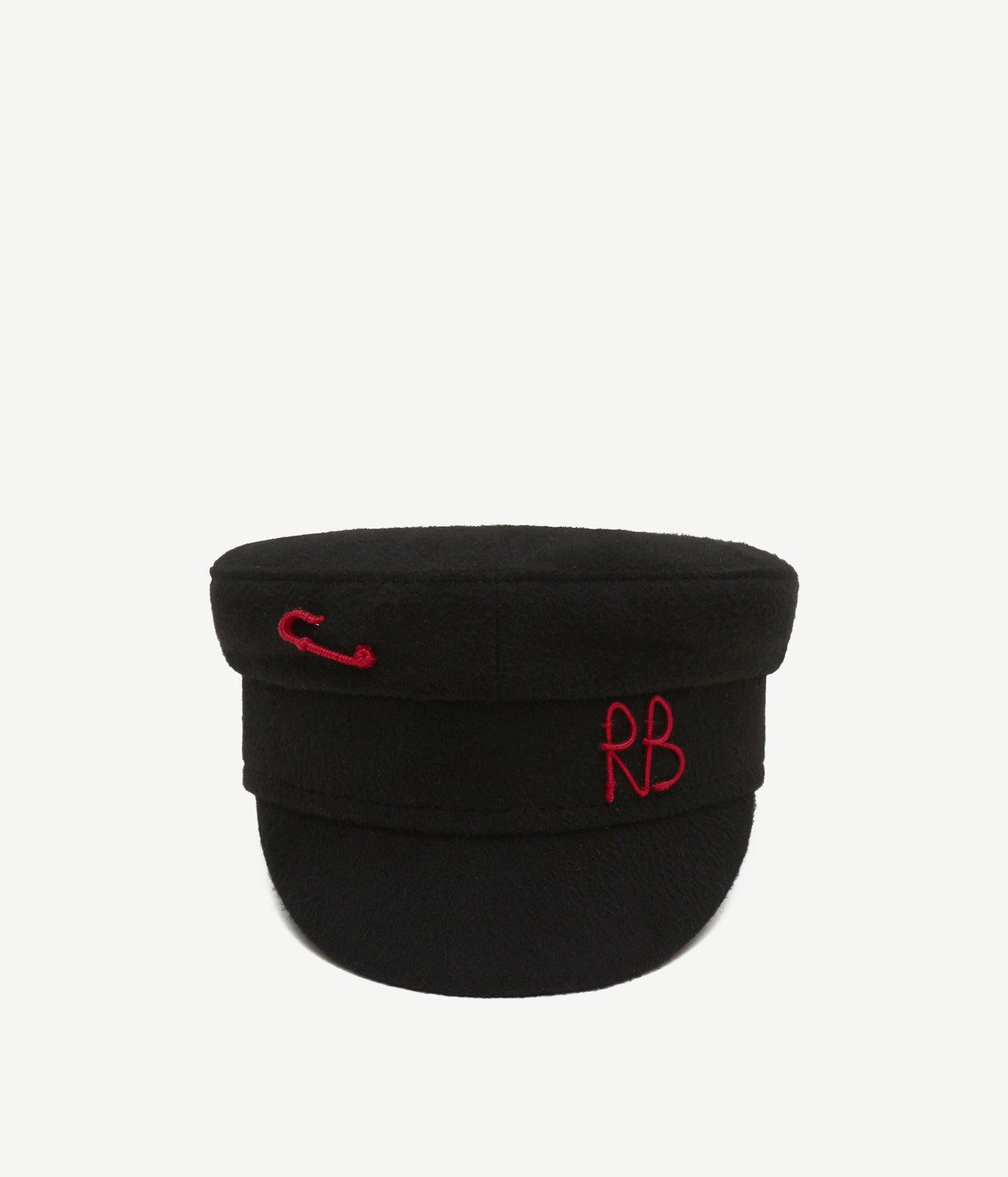 44_10_40, Ruslan Baginskiy Baker Boy Cap with English Safety PinA signature shape made from natural black wool. Accentuated with an english safety pin and hand-embroidered RB monogram in a bold red tone.Handcrafted in Ukraine.