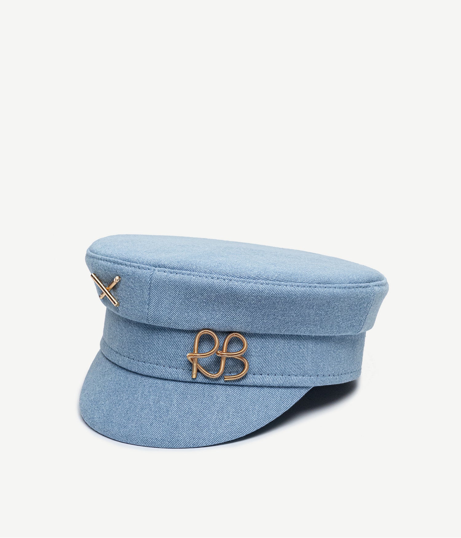 Denim Baker Boy Cap with Gold-Tone Logo-plaque