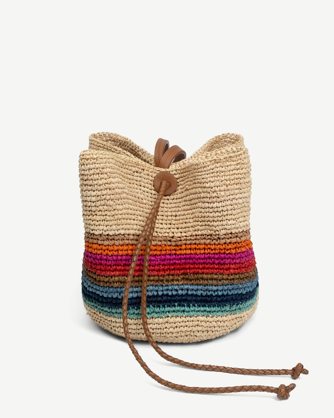 New Arrivals, Ruslan Baginskiy Striped Pouch BagThe bag is crafted from soft woven straw in natural and colored shades. A leather strap allows for comfortable wear on the shoulder or by hand. The piece is finished with a woven RB logo at the front.Handmade in Ukraine.