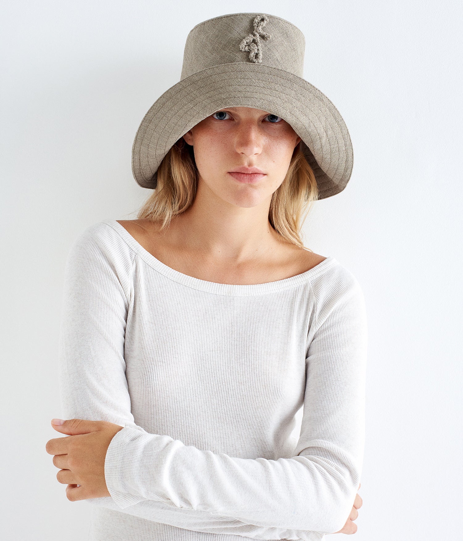 Monogram-Embelished Wide-Brimmed Linen Hat