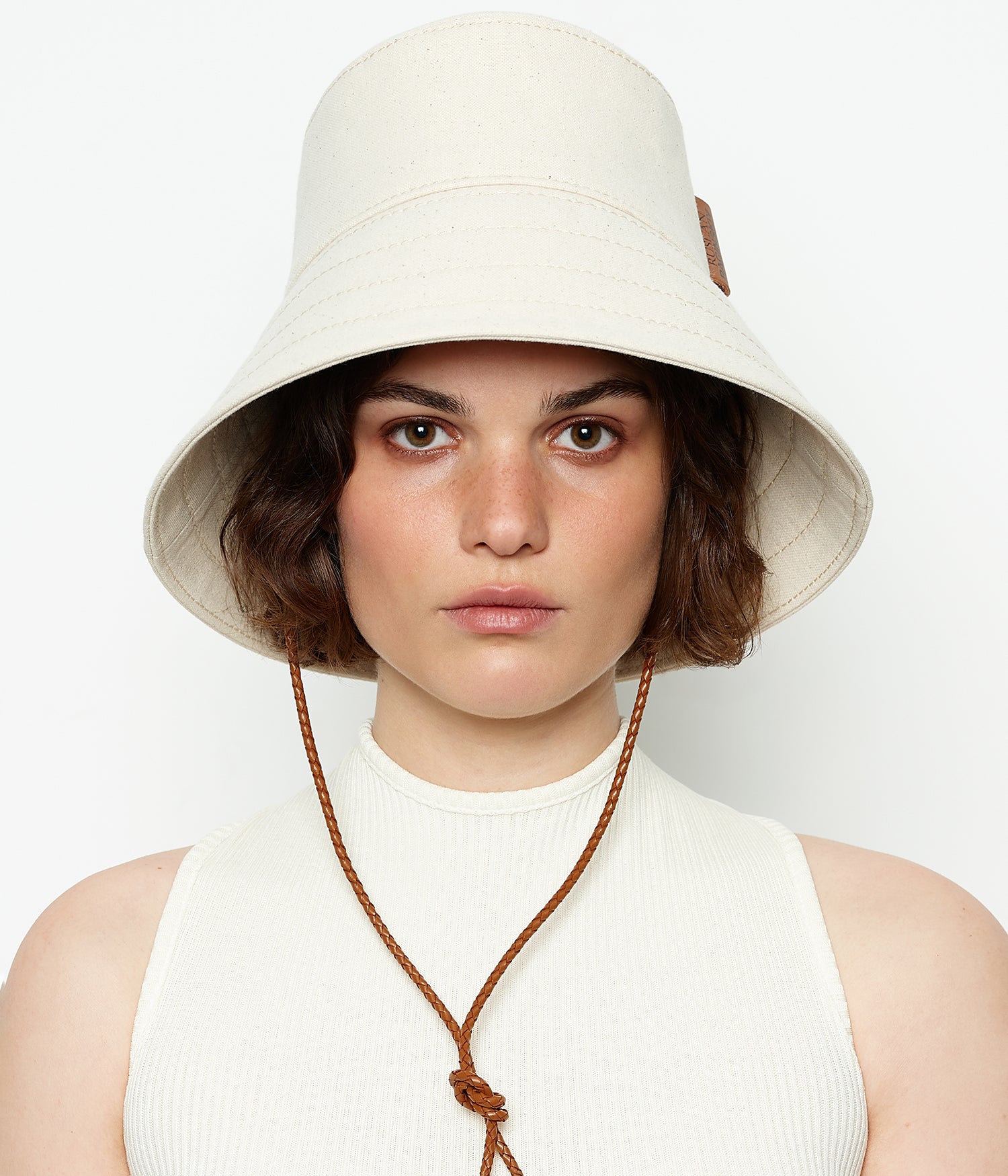 Logo Patch Bucket Hat with Leather Trim
