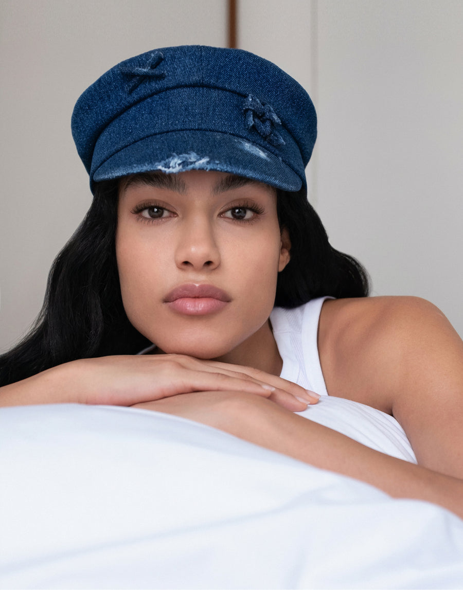 Photo, Baker Boy Cap, Crystal-embellished Black Satin Baker Boy Cap