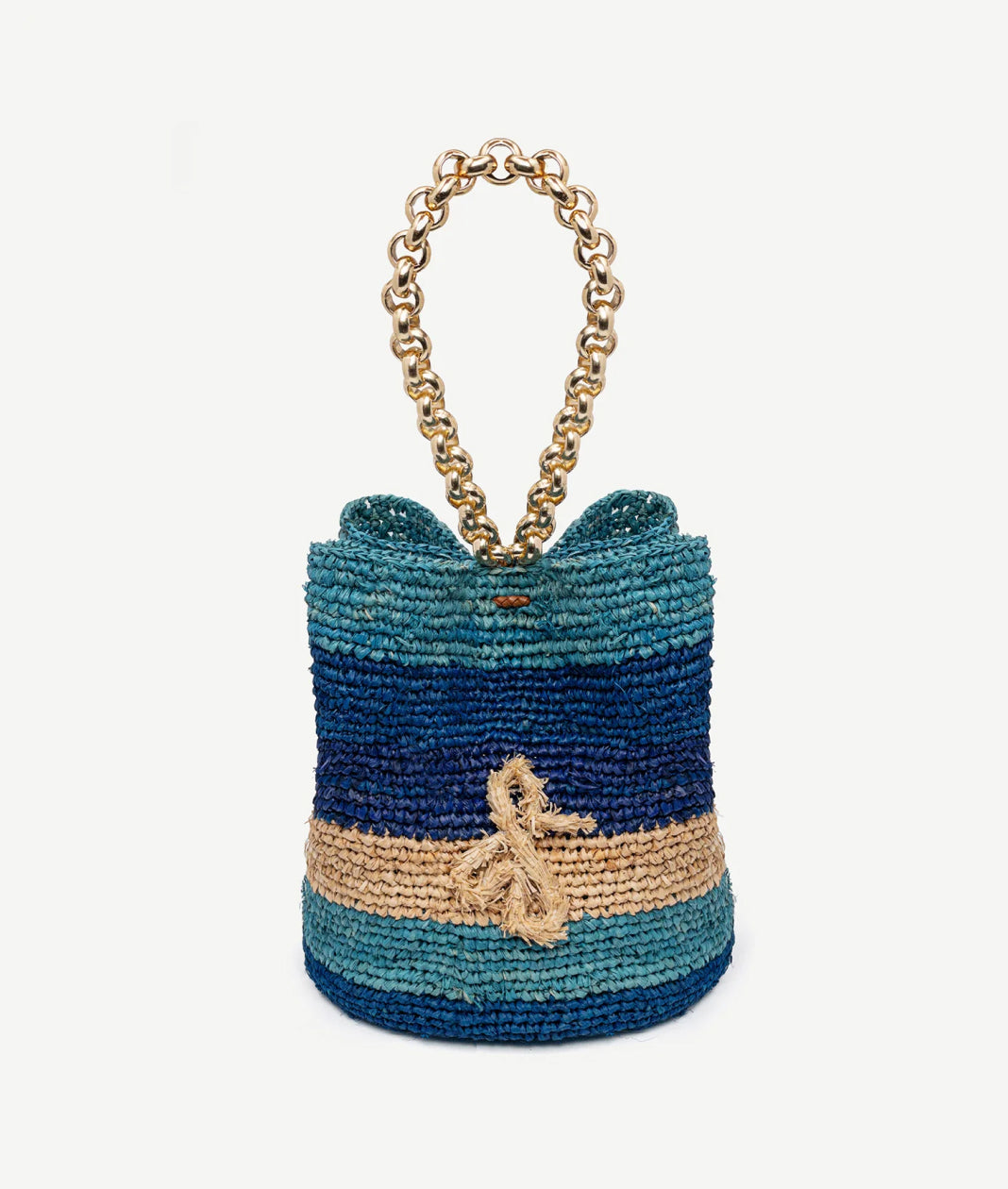 New Arrivals, Ruslan Baginskiy Striped Pouch Bag with Chain Strap The bag is crafted from soft woven natural straw in natural and two shades of blue. A gold chain allows for comfortable wear, and the piece is finished with a woven RB logo at the front.Handmade in Ukraine.