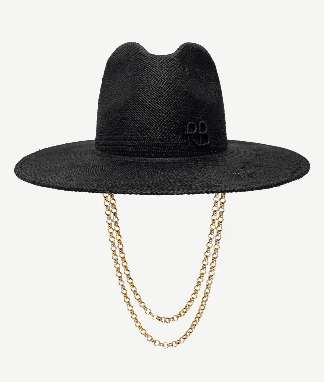 Fedora Hat, Ruslan Baginskiy Fedora Hat with Double Chain StrapThe model is crafted from natural black straw and features accent piercing along with the minimalist RB logo. A double gold chain adds functionality: the hat can be worn with or without it, adapting easily to your personal style and needs.Handmade in Ukraine.