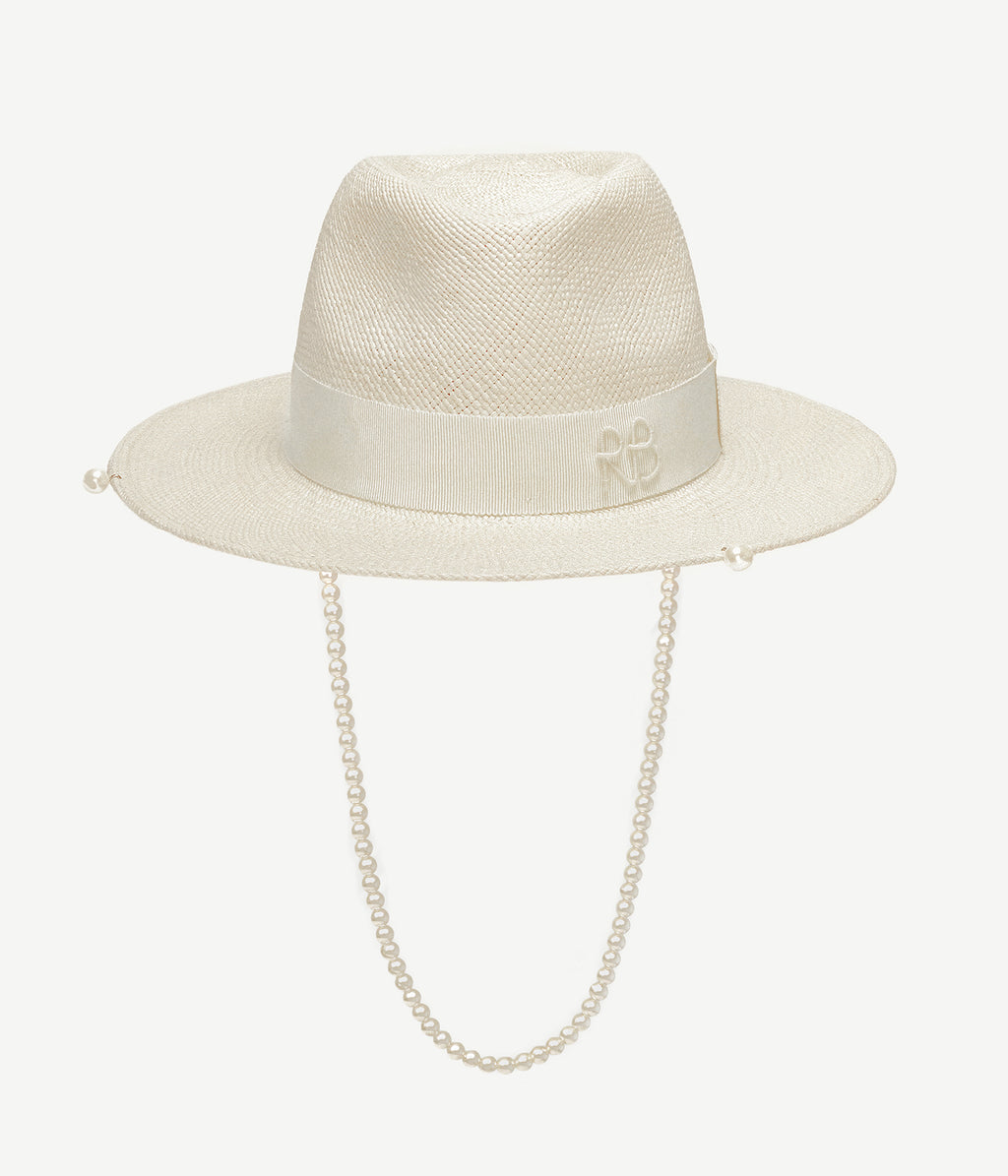 Pearls-embellished Straw Fedora Hat • Ruslan Baginskiy Hats  display picture 3