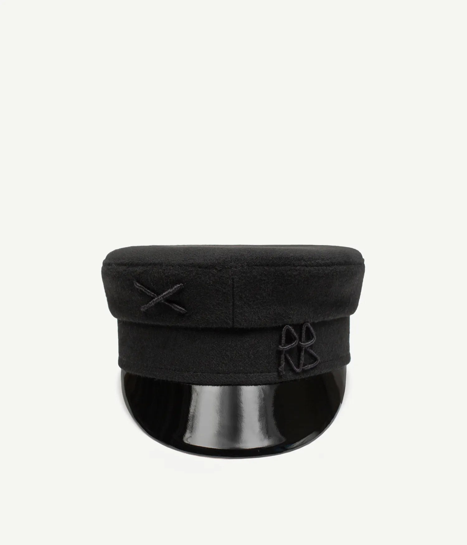 44_10_40, Black baker boy cap with logo embellishment, featuring a wool exterior. Made by skilled artisans in Ukraine.