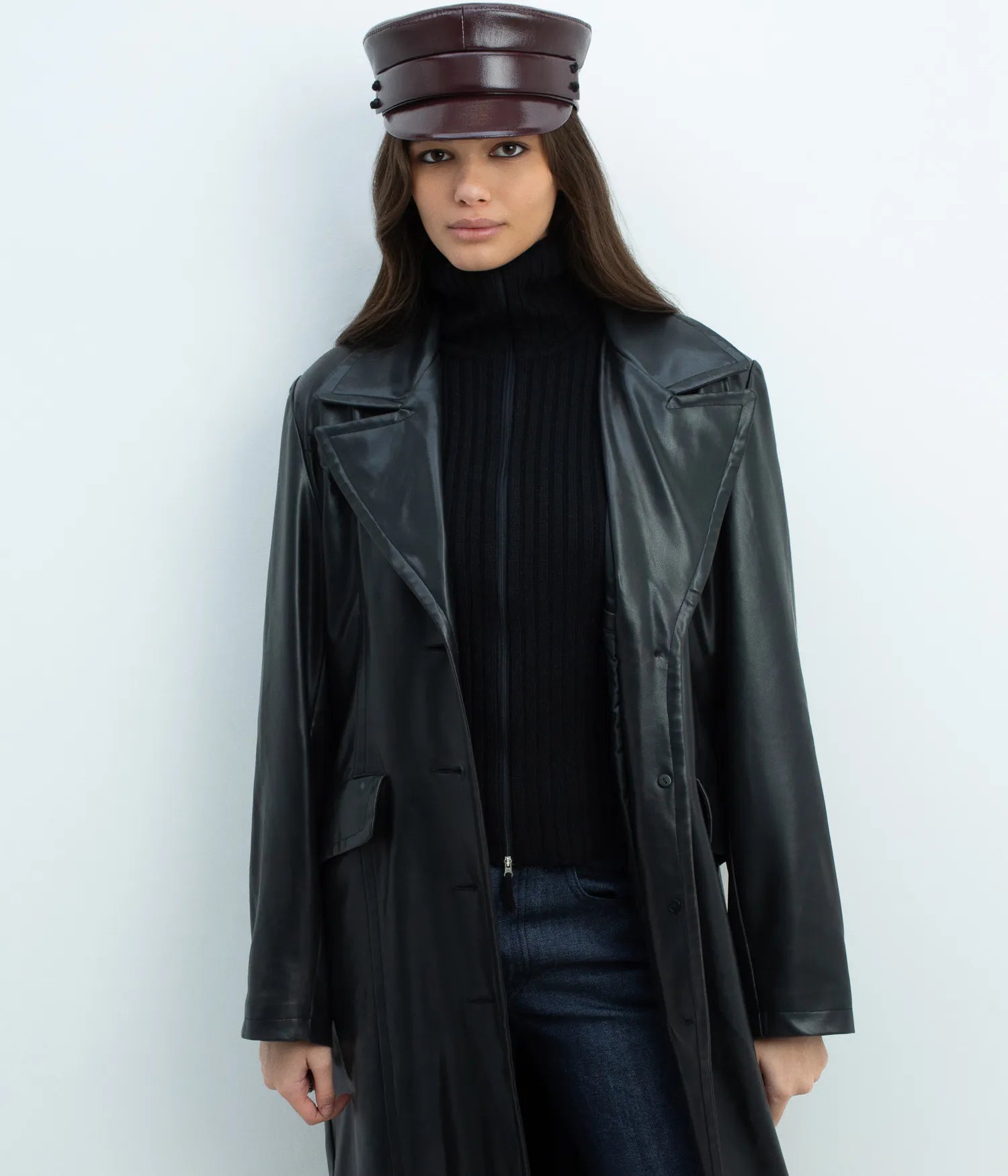 Faux-Leather Belted Baker Boy Cap