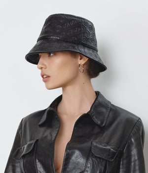 Monogram-embellished Black Leather Bucket Hat (4669816832048)