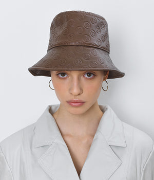 Monogram-embellished Brown Leather Bucket Hat (4669816799280)