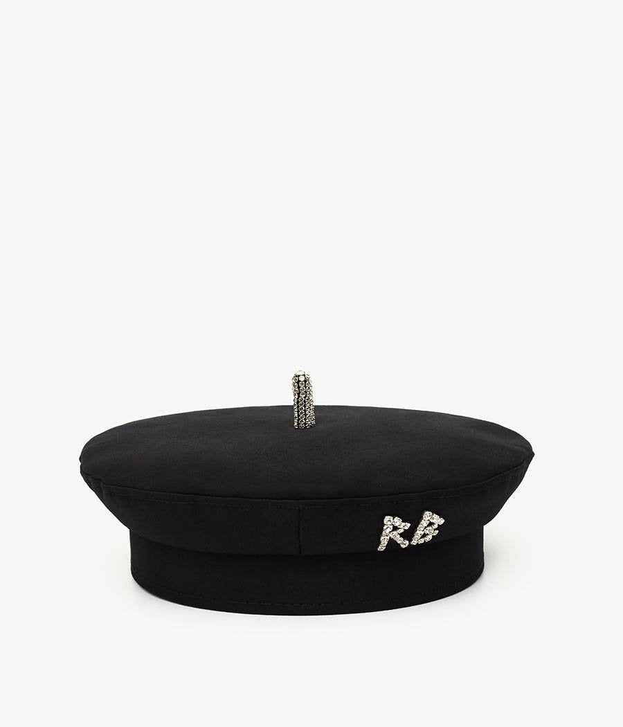 ALLwithoudDIS, Ruslan Baginskiy Black Cotton BeretBeret — a close-fitting headpiece with a soft shape and signature round silhouette. The structured design makes it easy to style. Made from dense black cotton. Embellished with a decorative top loop and a hand-embroidered RB monogram adorned with crystals.Handcrafted in Ukraine.